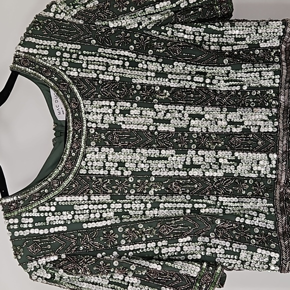 Mac DuggalHigh Neck Short Sleeve Crystal Fringe Column Dress - Picture 5 of 13